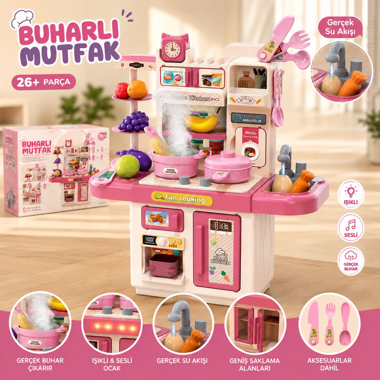 MinzoToys Buharlı Işıklı Sulu Mutfak Oyuncak Seti
