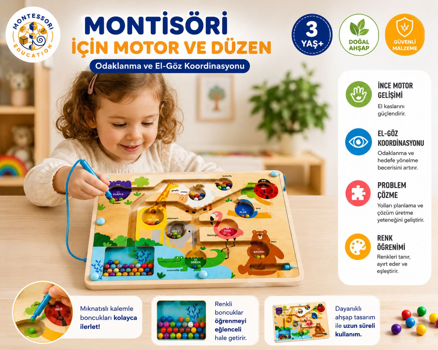 MinzoToys Manyetik Ahşap Hayvanlar Ve Renkler Labirenti