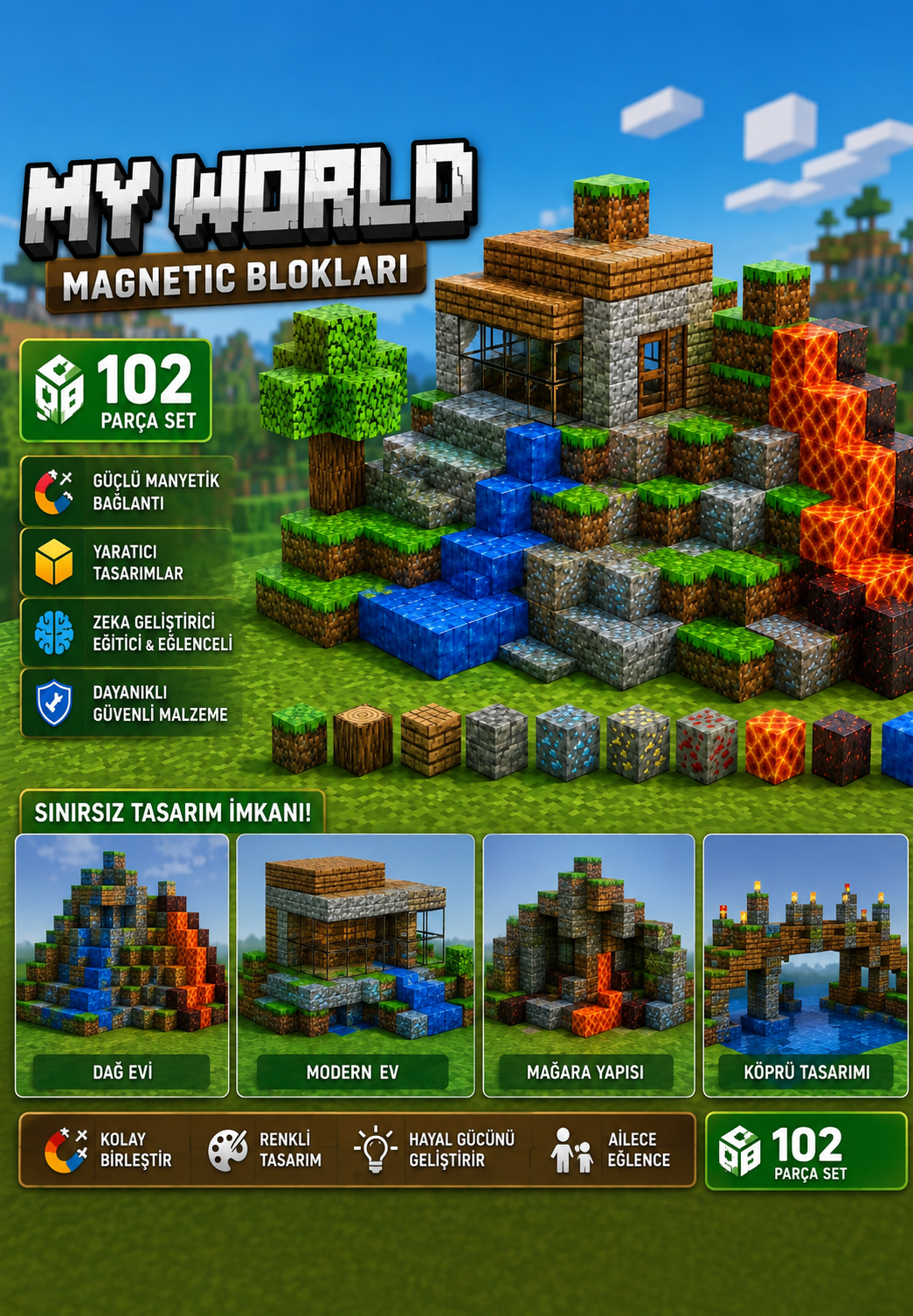 MinzoToys 102 Parça Magnetic My World Yapı Blokları