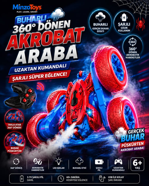Uzaktan Kumandalı Full Fonksiyon | 2.4 Ghz Şarjlı | Işıklı Buhar Atan | 360 Derece Dönebilen Akrobat Araba