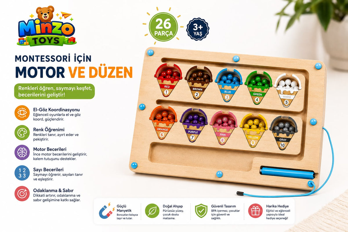 Minzo Toys Manyetik Ahşap Sayılar Ve Renkler Dondurma Labirenti