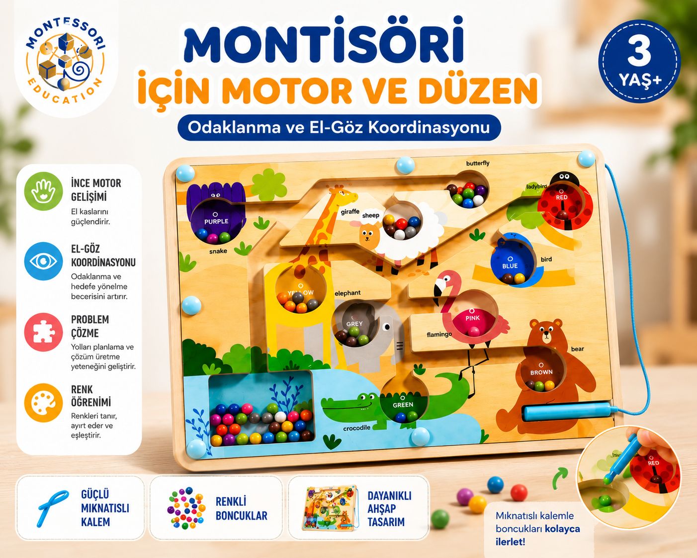 MinzoToys Manyetik Ahşap Hayvanlar Ve Renkler Labirenti