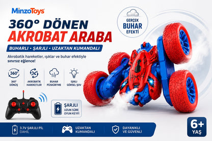 Uzaktan Kumandalı Full Fonksiyon | 2.4 Ghz Şarjlı | Işıklı Buhar Atan | 360 Derece Dönebilen Akrobat Araba